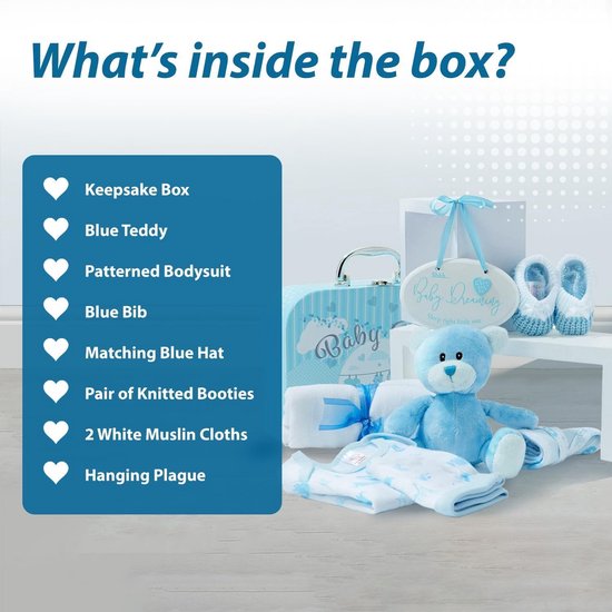 Geschenkmand voor babyfeestjes met fleece, handdoek, babykleding en teddybeer - doopcadeaus voor jongens van GIFTIUS — afbeelding 2