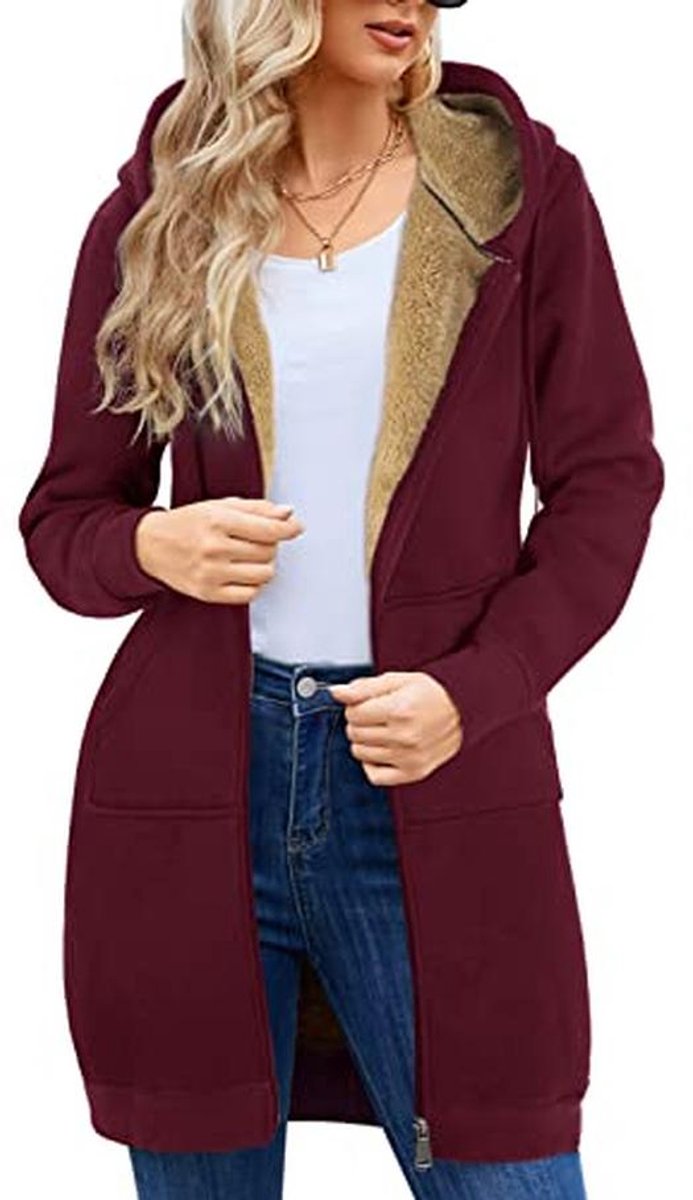 Dames hoodie sweatshirt lange mouwen met rits en zakken - Fleece extra lang voor herfst en winter