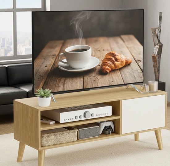 Nordic Eiken TV Meubel 120 cm – Modern Lowboard voor Televisies tot 55 inch – TV Kast met Opbergruimte, Deur & Kabelmanagement – Naturel Eiken & Crèmewit Depauwwonen