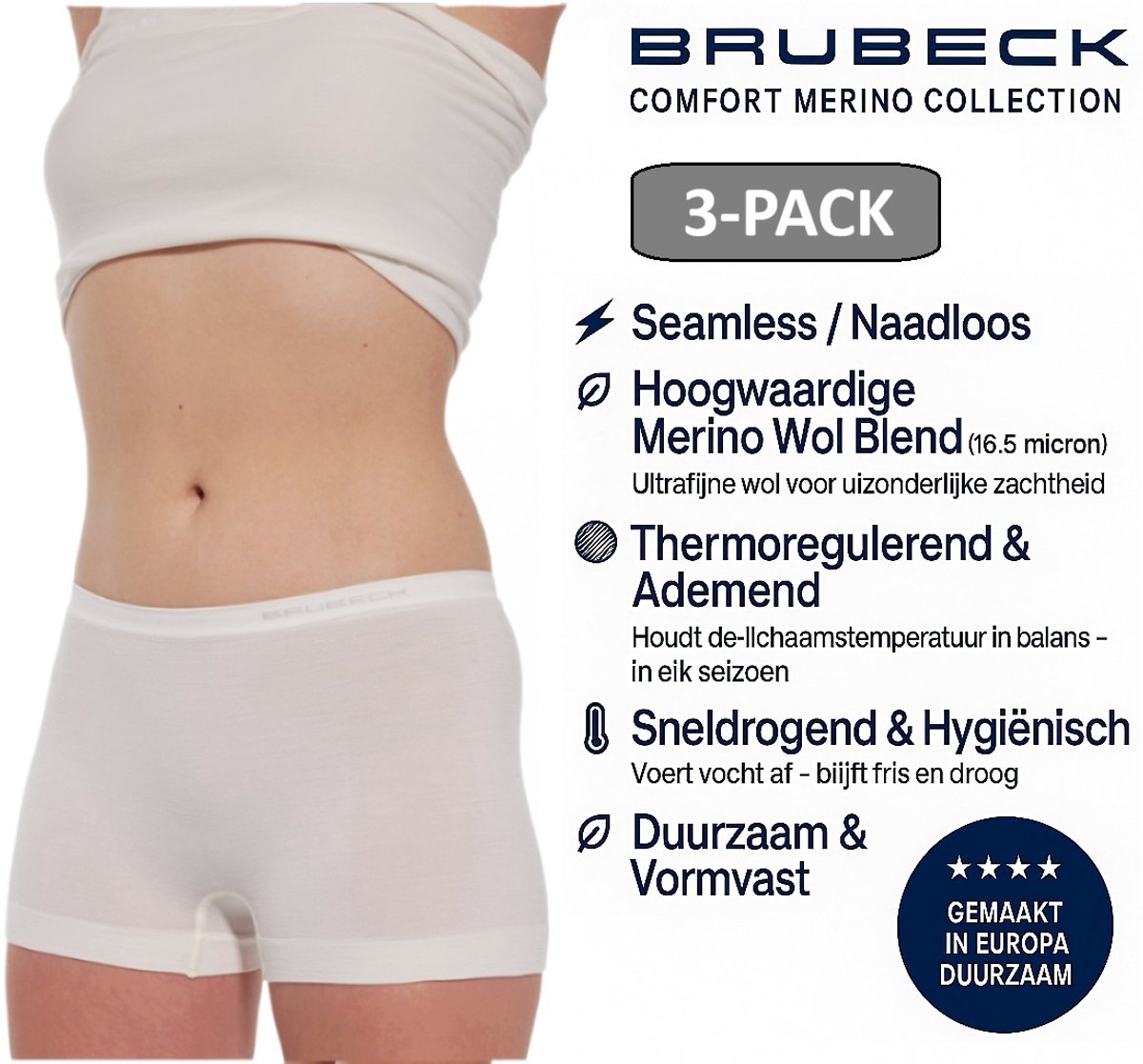 Brubeck Dames Boxershort – Merino Wol Blend Naadloos Ondergoed – 3 PACK - Crème – Maat M