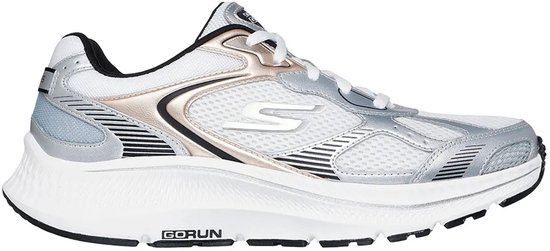 Witte Skechers Go Run dames sneaker met zilveren en koperkleurige accenten, zijaanzicht.