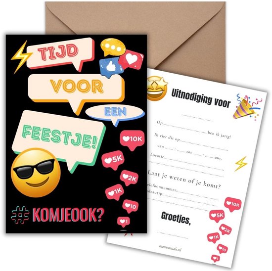 Uitnodiging Kinderfeestje 10 Kaarten + Enveloppen - Smiley - Jongen & Meisje – Uitnodigingskaarten - Beschrijfbaar – Verjaardag Kind