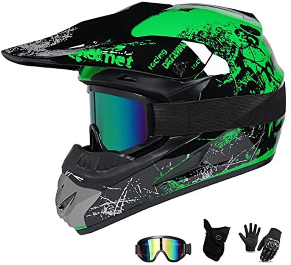 Volledige gezicht MTB-helm voor kinderen - Lichtgewicht en veilige motocross fietshelm in groen en oranje, in 4 maten beschikbaar