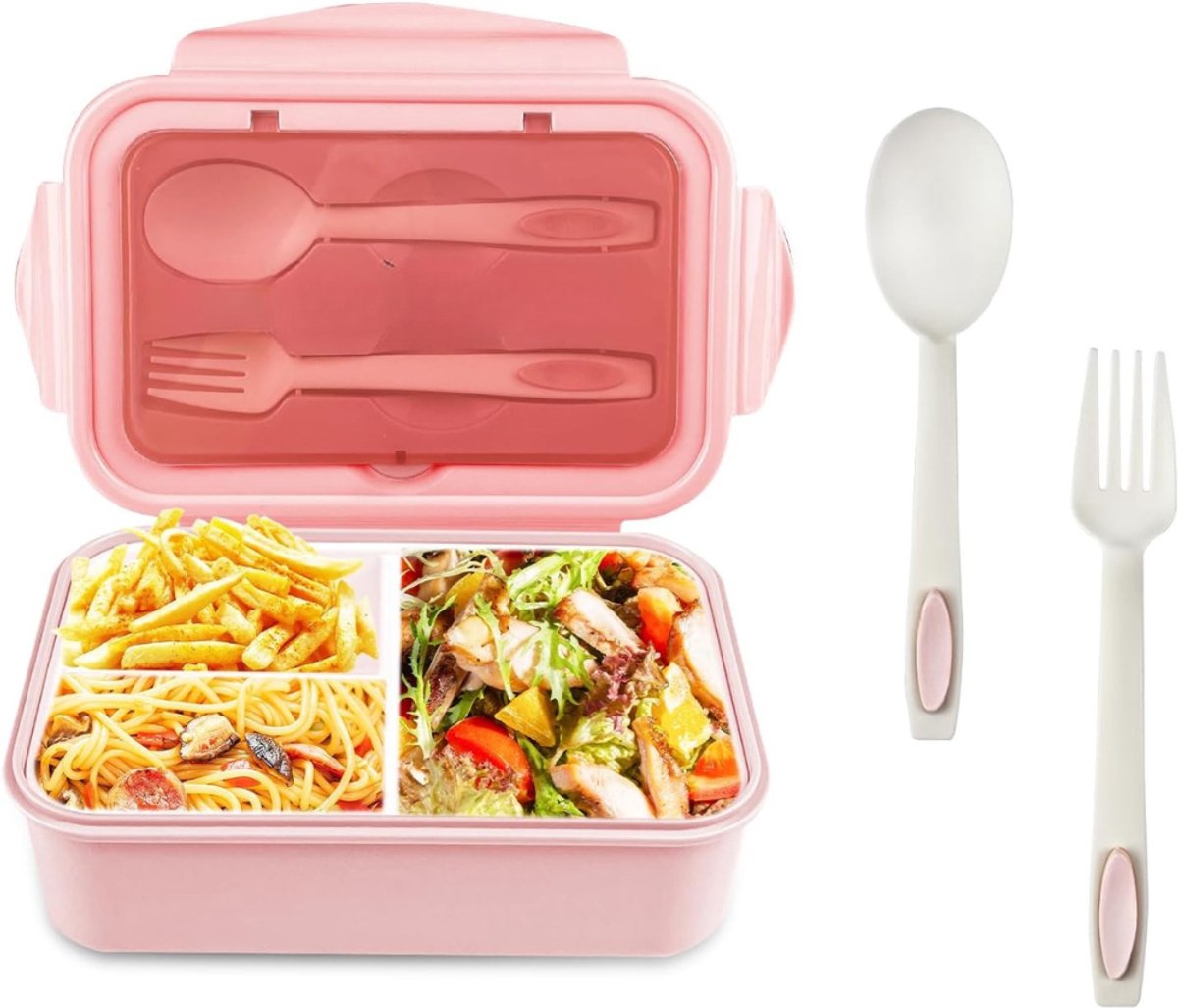 Famanu – Lunchbox met 3 vakken en lepelvork - 1400 ml - lekvrij - BPA-vrij - Bento Box voor magnetronbestendig - lunchbox - ontbijttrommel voor volwassenen - - school - werk - roze