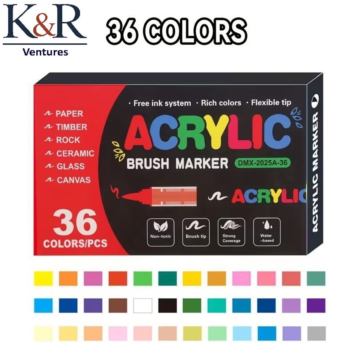K&R Ventures® Acrylstiften – 36 Kleuren – Acryl Marker Stiften voor Glas, Hout, Steen, Keramiek, Stoffen & Canvas – Verfstiften op Waterbasis – Niet Giftig – Voor Volwassenen & Kinderen – Tekenset met Sterke Dekking - Guangna Brush markers