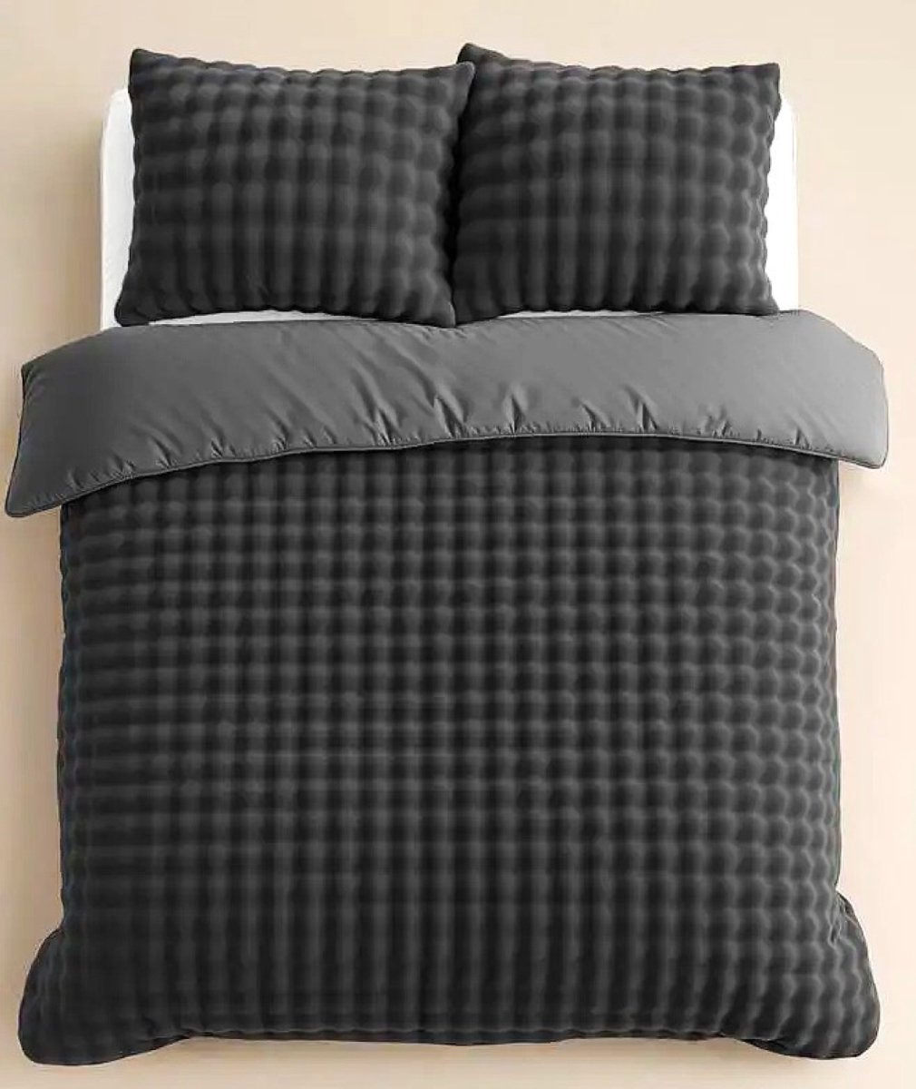 2-persoons pompom fleece / flanel dekbedovertrek (dekbed hoes) antraciet grijs met allemaal kleine bolletjes / vakjes tweepersoons 200 x 220 cm (warm en zacht teddy beddengoed voor de lente / herfst / winter)