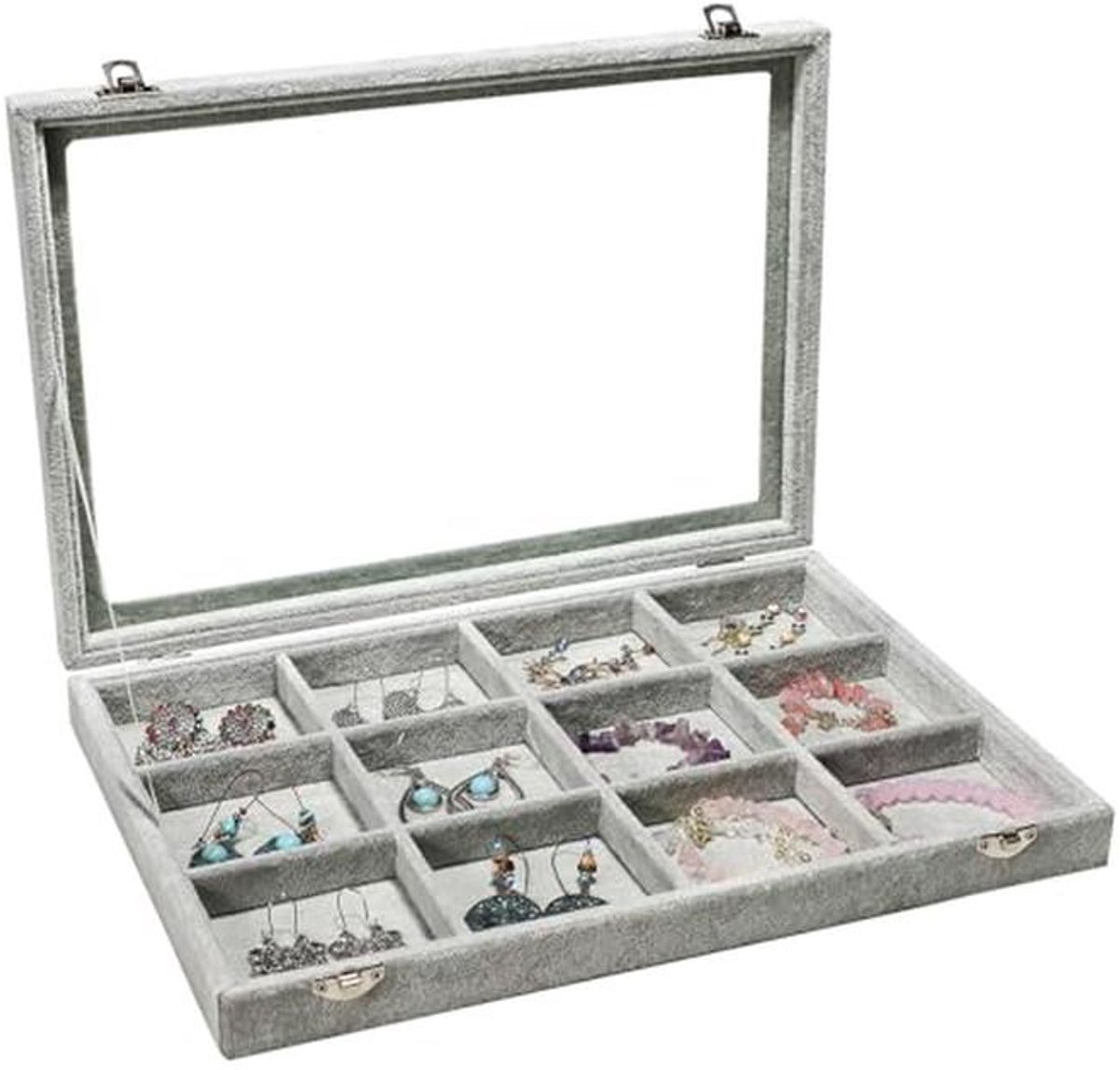 Sieraden Organizer Doos met Doorzichtig Deksel - Grijze Fluwelen Sieraden Houder met 12 Vakken