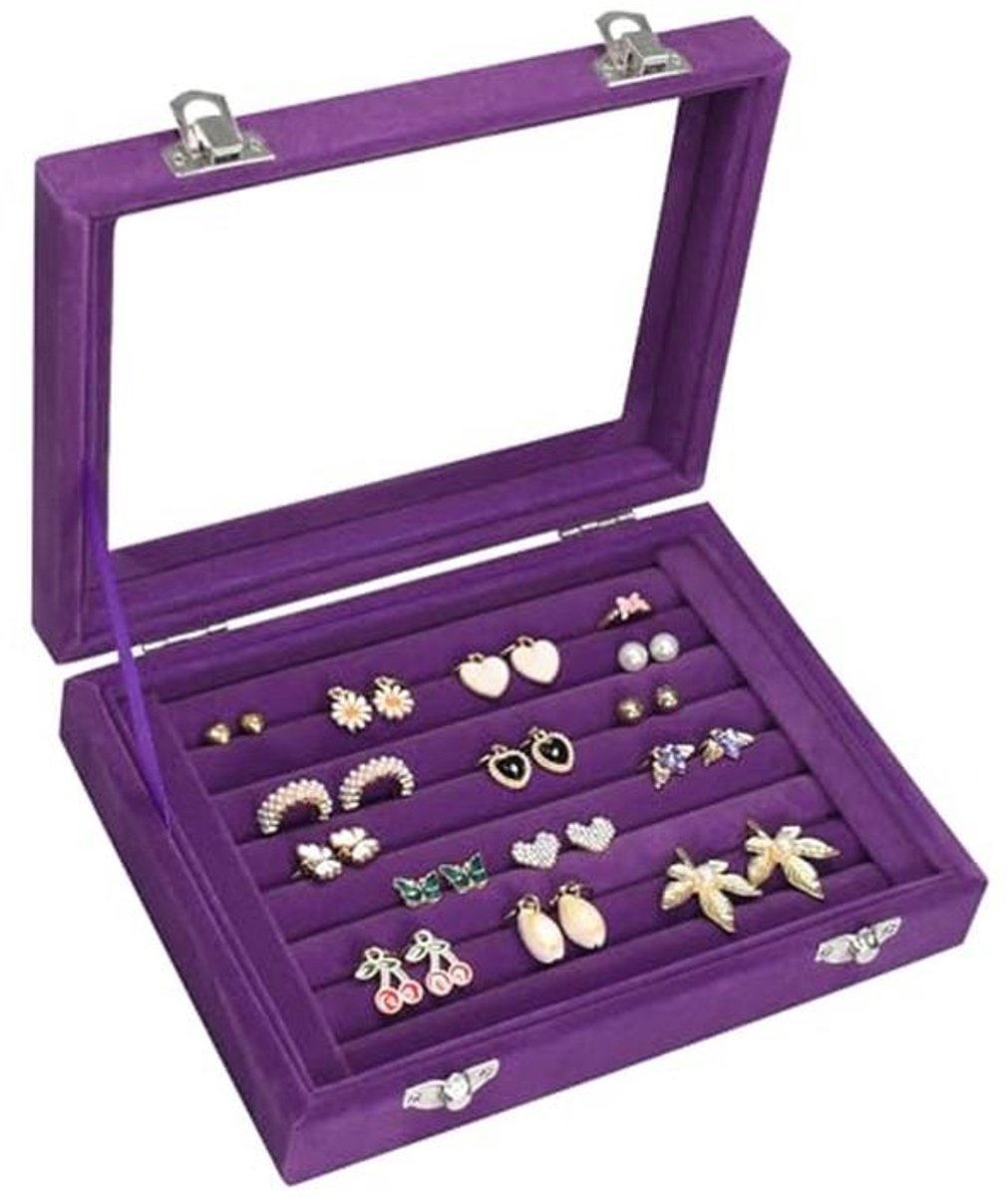 Sieraden Organizer Tray met 7 Slots - Fluwelen Oorbellen Opbergdoos met Transparant Deksel