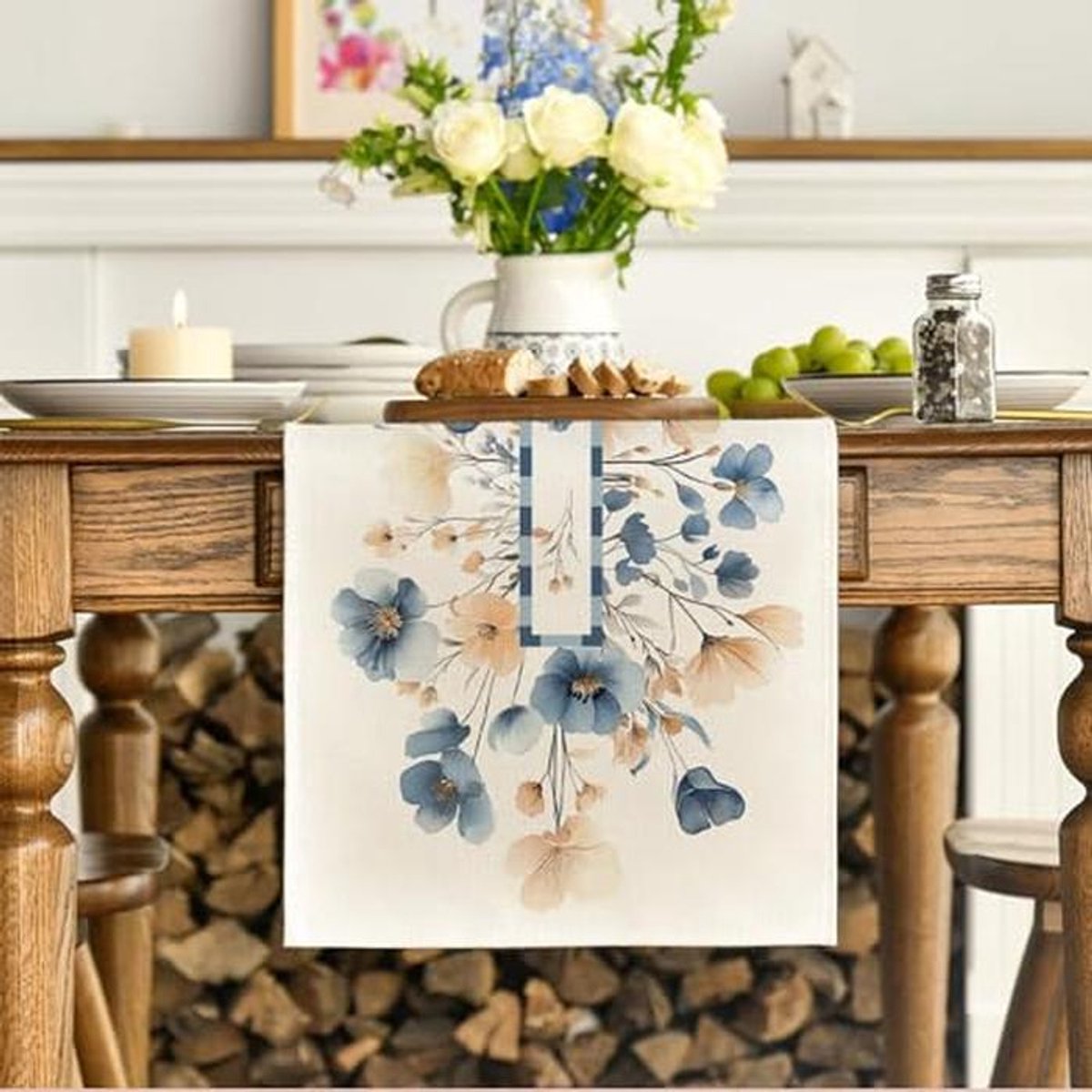 Moderne Keukentafel Loper met Bloemenpatroon - Tafelloper Beige (183 x 33 cm)