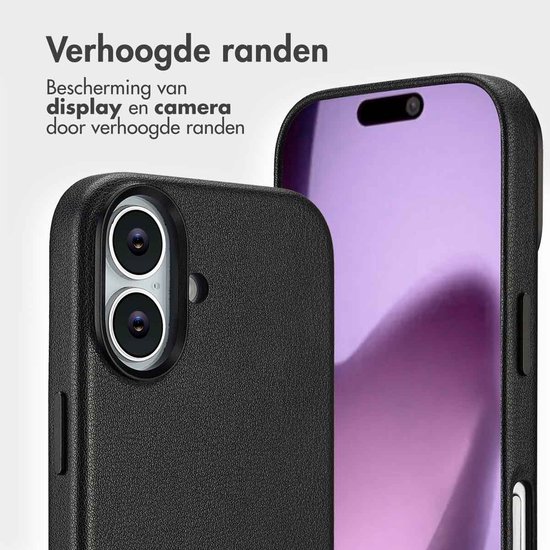 Zwarte lederen bookcase met verhoogde randen ter bescherming van het display en de camera.