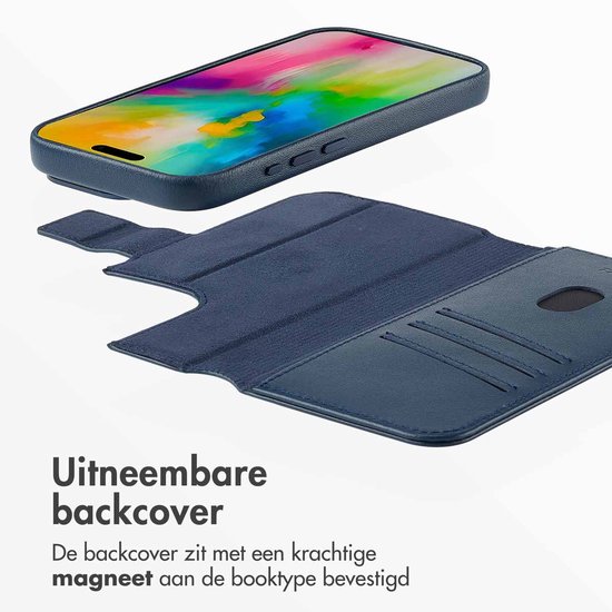 Marineblauwe lederen bookcase met uitneembare backcover.