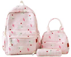 Rugzak Set Drie-delige - Roze Strepen Patroon - Laptop Rugzak + Lunchbox + Pennenkoker - Nylon Materiaal - 42×30×14cm (Rugzak)