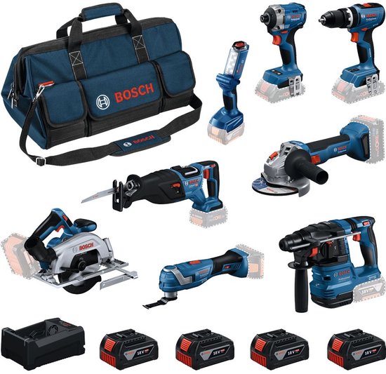 Set van Bosch Professional gereedschap: tas, 8-delig gereedschap, 4 accu's en lader.