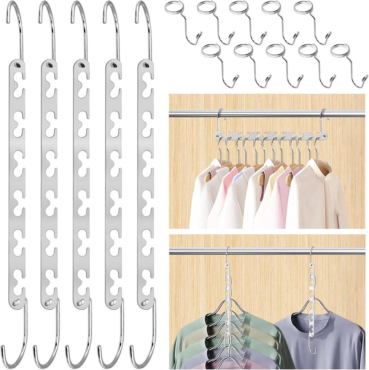 Ruimtebesparende Metalen Magische Hangers met Kleerhanger Connector Haken - Set van 5