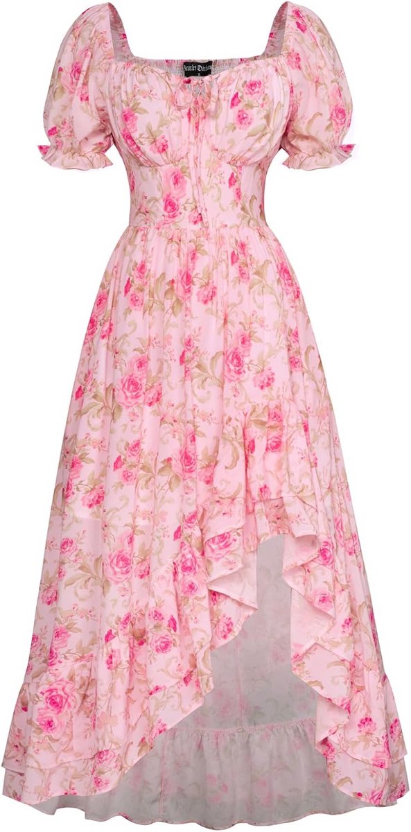 Dames Renaissance Midi Jurk met Vierkante Hals en Bloemenprint - Korte Mouw A-lijn Zomerjurk