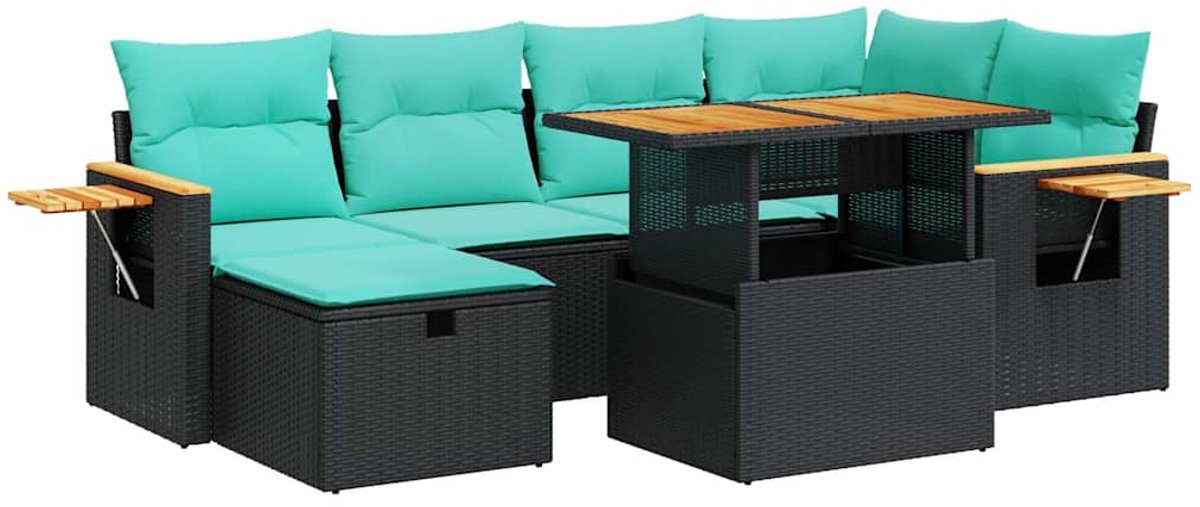 vidaXL 7-delige - Loungeset - met - kussens - poly - rattan - acacia - bruin zwart