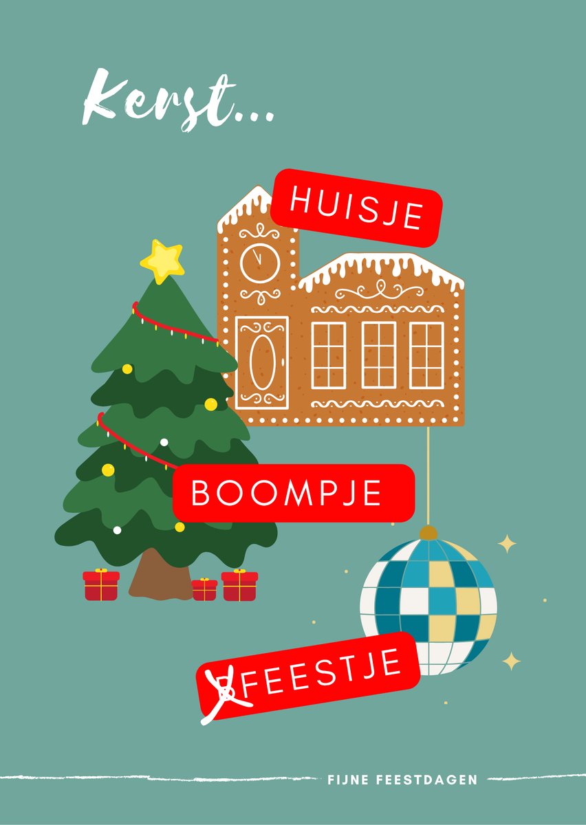 Vrolijke kerstkaart – “Kerst… huisje, boompje, feestje” – Spreekwoordelijke kerstkaart met envelop – Studio Spreekwoord