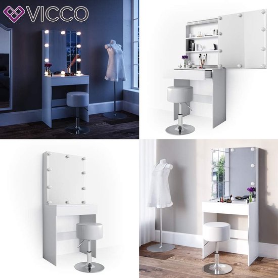 Luxe Kaptafel Beauty Station “Melle Pro” – 68 cm – Wit – Make-Up Tafel met XL Spiegelkast, Push-To-Open Lade & Opbergvakken – Moderne Slaapkamer Beauty Meubel – Medahome