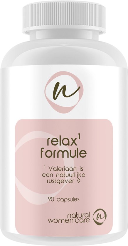 Fles met 90 capsules, relax formule. Roze etiket met merknaam Natural Women Care.