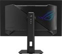 Achterkant van een ASUS ROG Strix OLED monitor met het ROG-logo verlicht in roze en blauwe tinten, en diverse poorten.