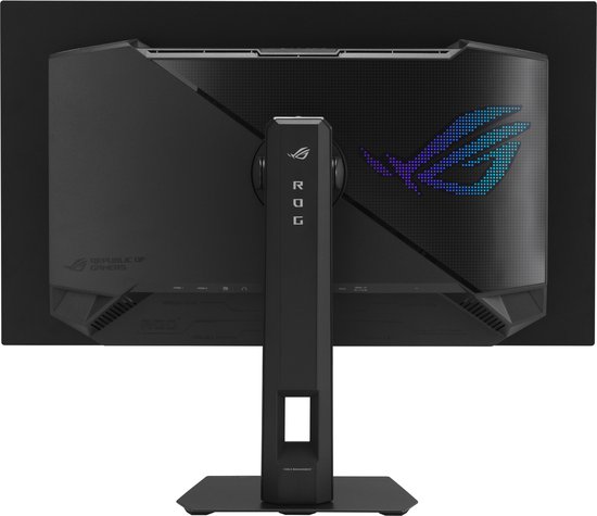 Achterkant van een ASUS ROG Strix OLED monitor met het ROG-logo verlicht in roze en blauwe tinten, en diverse poorten.