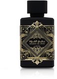 Zwarte Lattafa "Oud For Glory" "Badee Al Oud" Eau de Parfum fles met gouden geometrisch design.