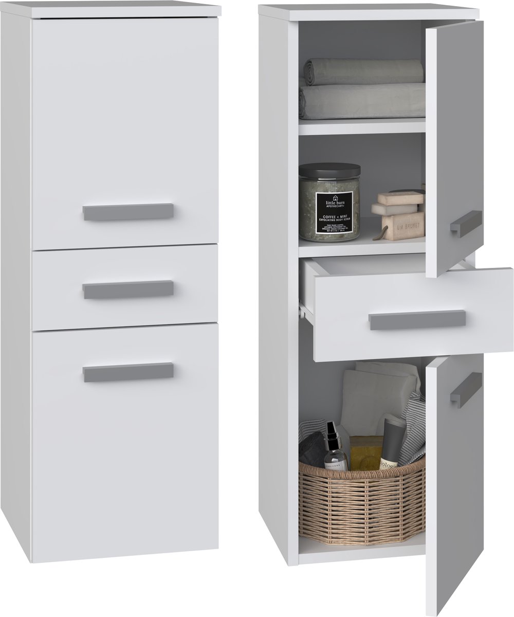 Premium NEL V DDS - Badkamerkast - Met lade en 2 deuren - 30x30x85 cm - Mat Wit