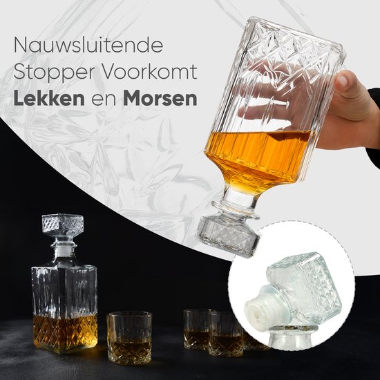 Een hand houdt een gedetailleerde glazen whisky karaf met diamantpatroon ondersteboven, met een close-up van de lekvrije stop.