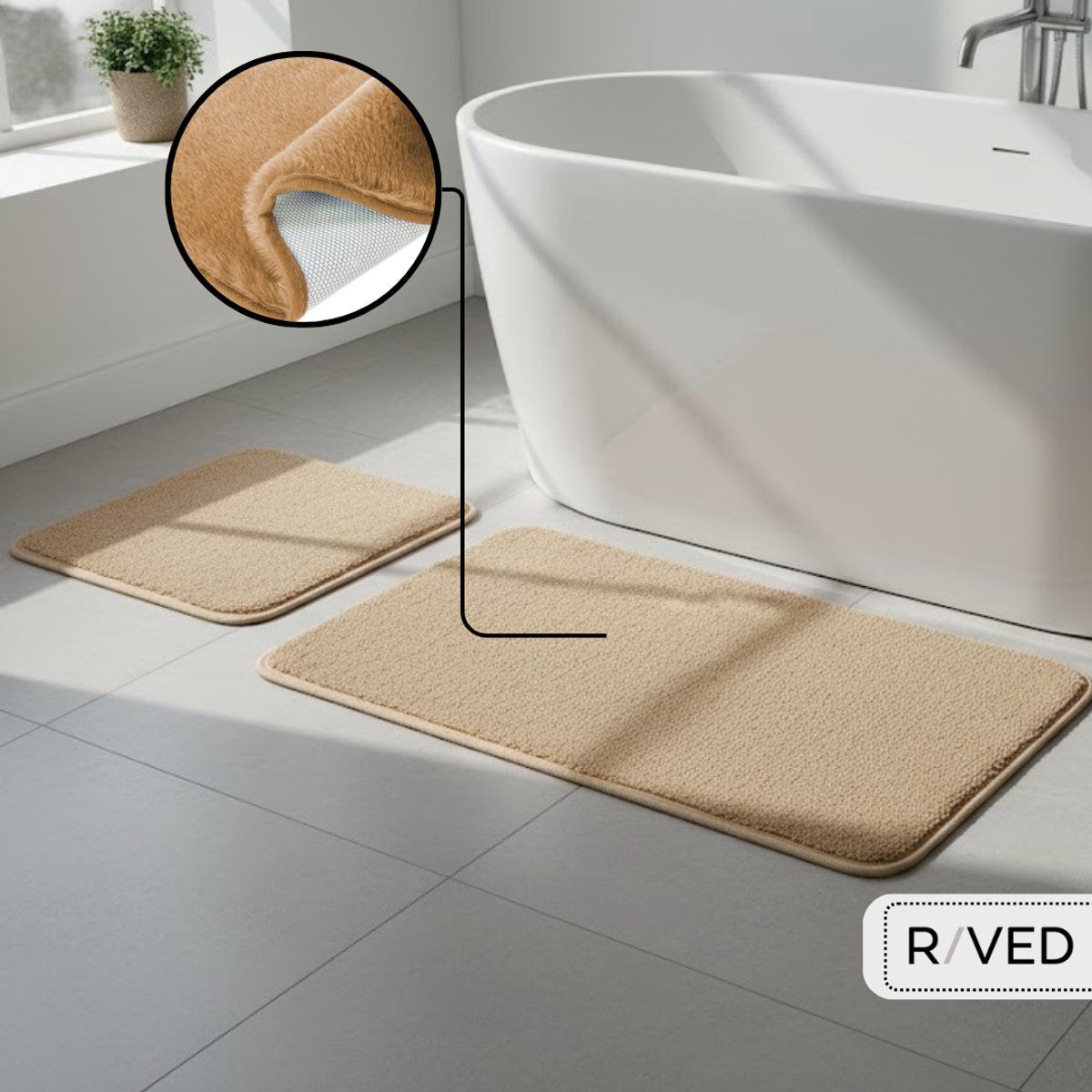 Raved Badmat Set – 75×45 cm + 50×40 cm – Lichtbruin – Memory Foam – Anti-Slip – Wasbaar – 2-delig