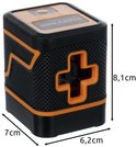 Zwarte en oranje laserwaterpas met afmetingen 7cm, 6,2cm en 8,1cm, met plusvormig venster.