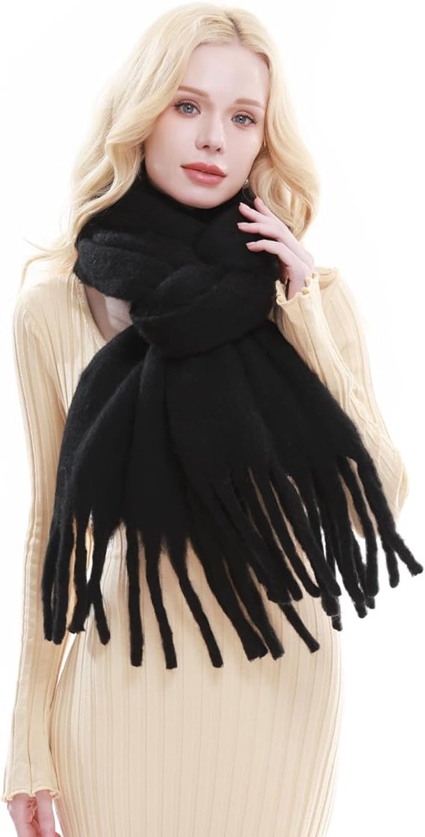 1x Grote Mohair Sjaal - Winter Macaron Kleuren - Warm, Gezichtsbedekkend, Winddicht en Koudebestendig - Omkeerbare Sjaal/Effen Nekwarmer (Zwart)