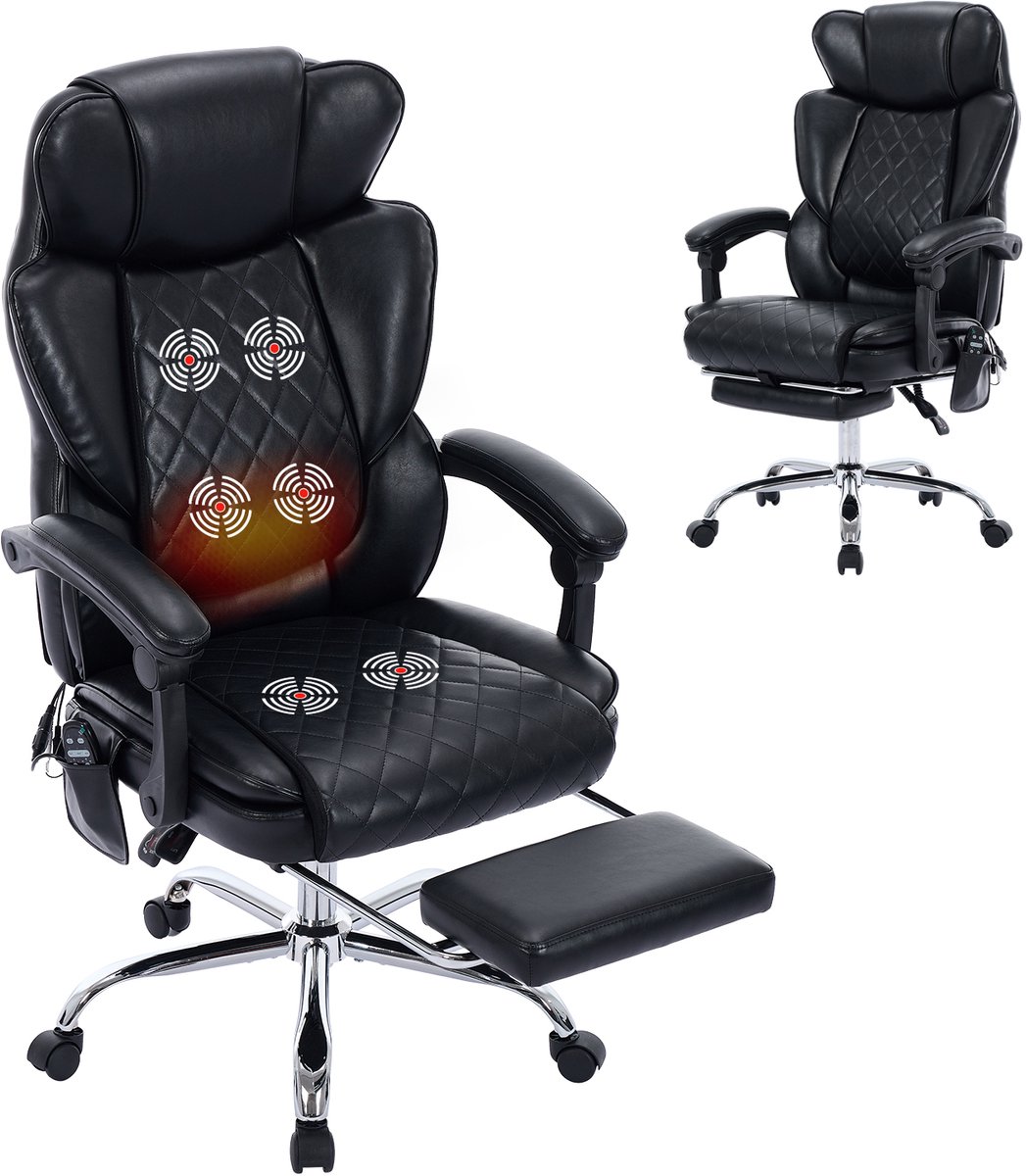 COLAMY Massagestoel bureaustoel met verwarming en 6 vibratiepunten, luxe computerstoel met voetsteun, 90-125° verstelbare hoge rugleuning voor comfortabel thuiswerken,zwart