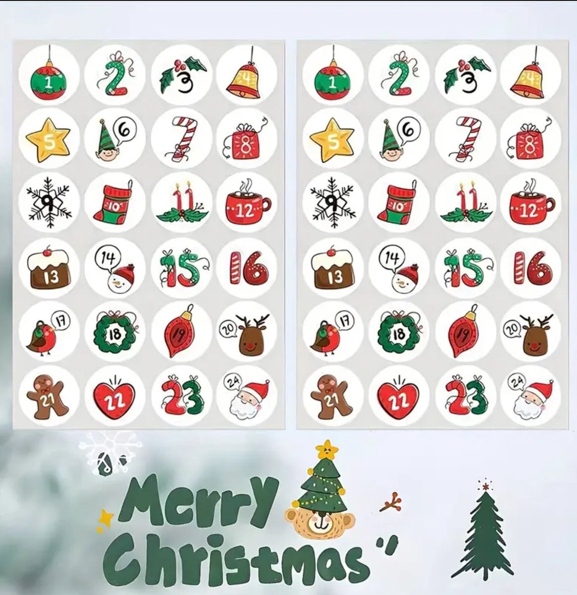 2 vellen adventskalender stickers 1 t/m 24 december - cadeau - advent - kalender - stickers- feest - kerst - sinterklaas
