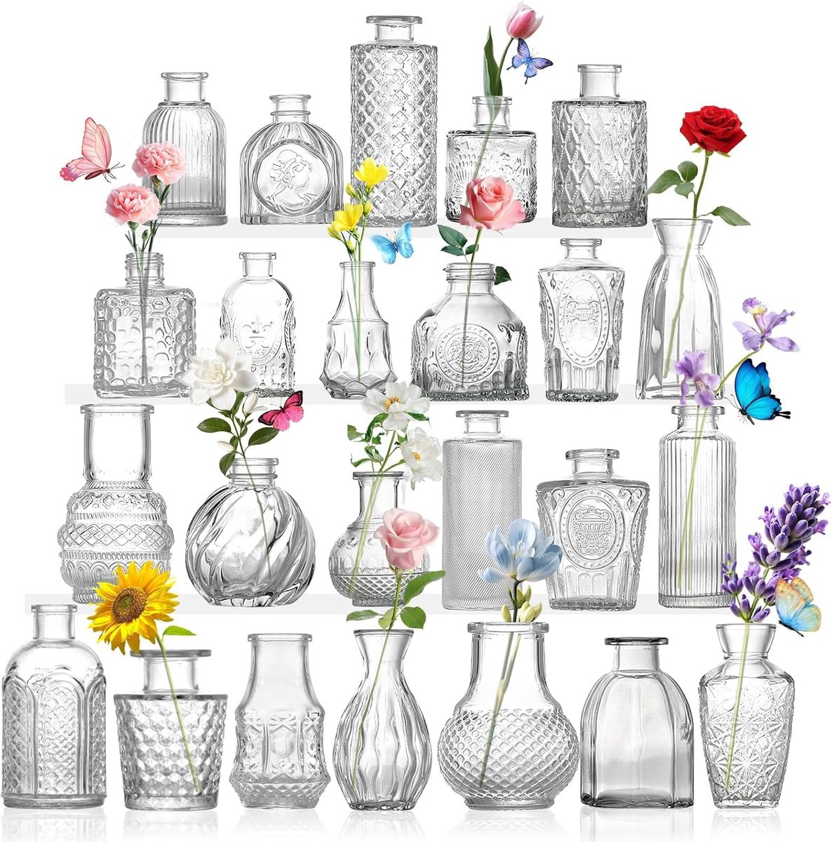 Famanu – Mini glazen vazen set van 24 stuks, vintage uitstraling, kleine bloemenvazen voor tafeldecoratie, bruiloften en interieur