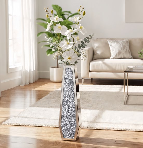 Artloge Hoge Vloervaas met Spiegelende Crushed Diamond - Zilveren Hoge Bloemenvaas 68 cm voor Grote Kunstbloemen en Pampasgras - Decoratie voor Woonkamer, Hoek en Slaapkamer