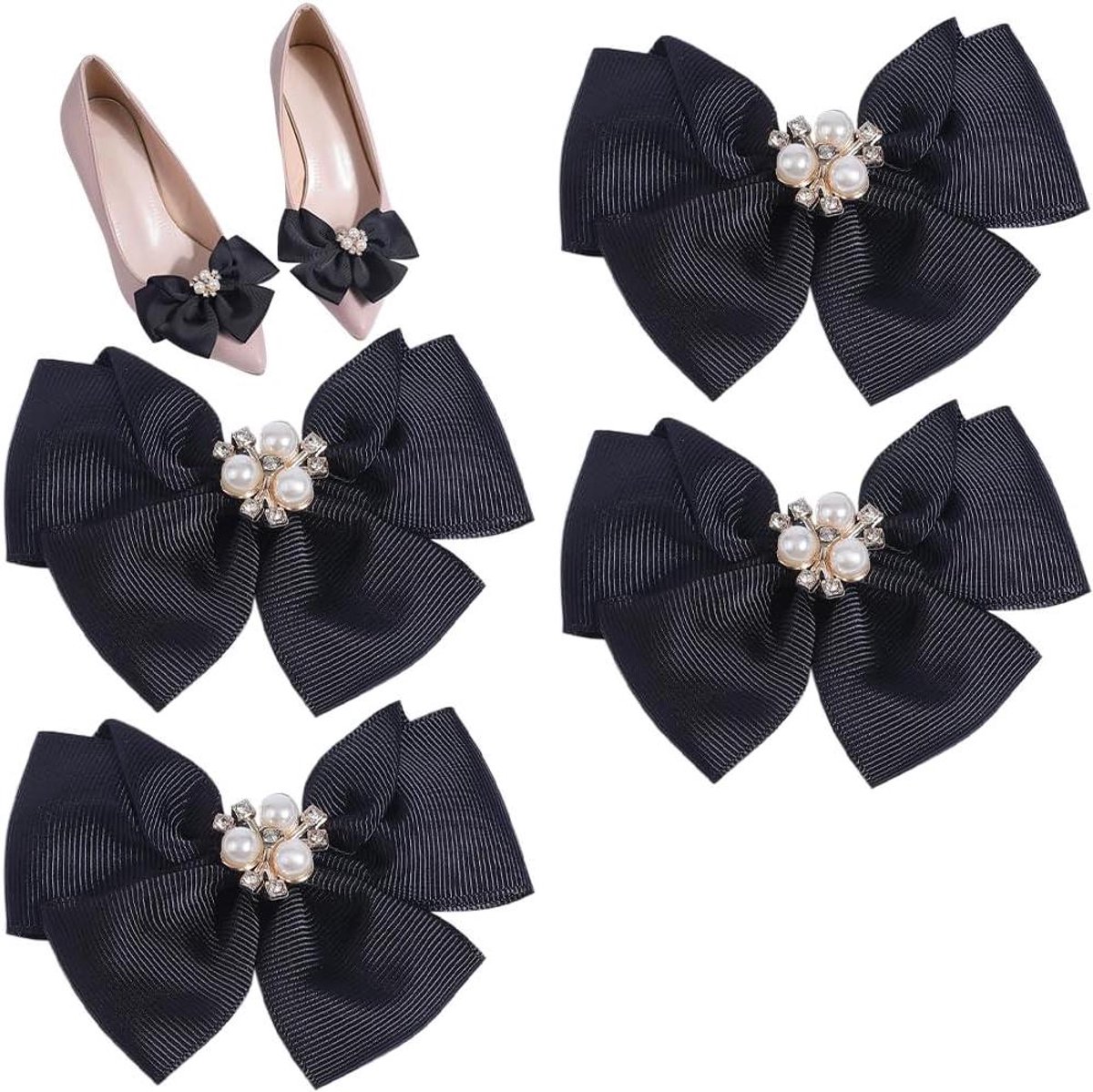 TTGoods - Parel Boog Clips 4-Pack voor Schoenen met Strass Decoratie - Zwarte Kralen - Bruiloft - Vrouwen Hiel
