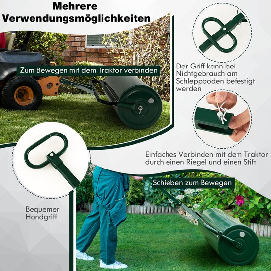 COSTWAY Gazonwals bij te vullen met water of zand, 113 l, Ø 40 cm x 99 cm, bodemwals met handvat, metalen tuinwals, handroller, gazonroller voor vlakken, gazon, tuin, groen — afbeelding 3