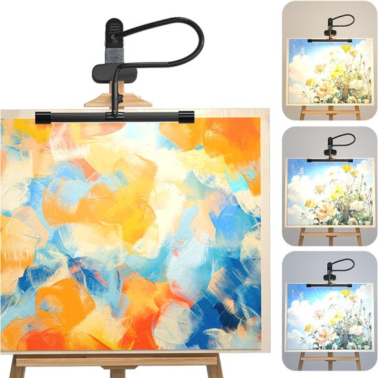 Cliplamp met verstelbare arm boven schilderij, met 3 lichtkleuren.