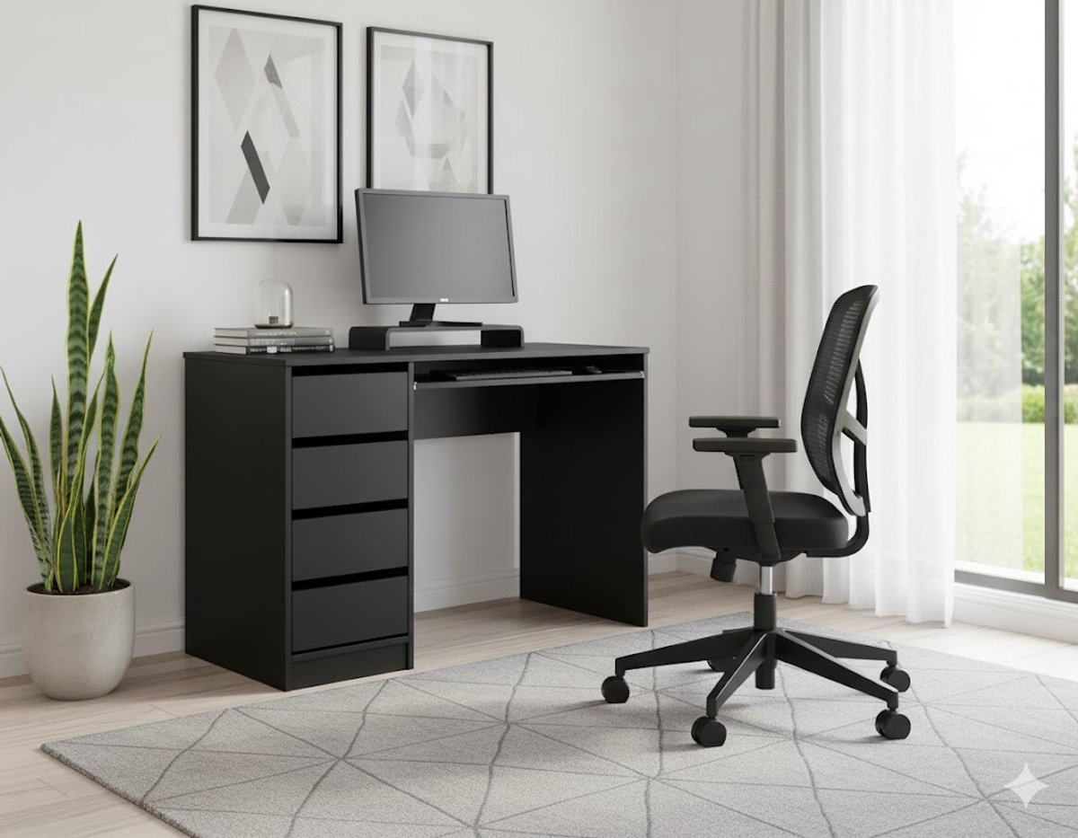 Stijlvol Modern Bureau met 4 Lades – Compact en Functioneel Computer- en Studiebureau 110x77x50 cm voor Tieners, Thuiswerk of Slaapkamer – Zwart Lamineren Oppervlak – Novihome