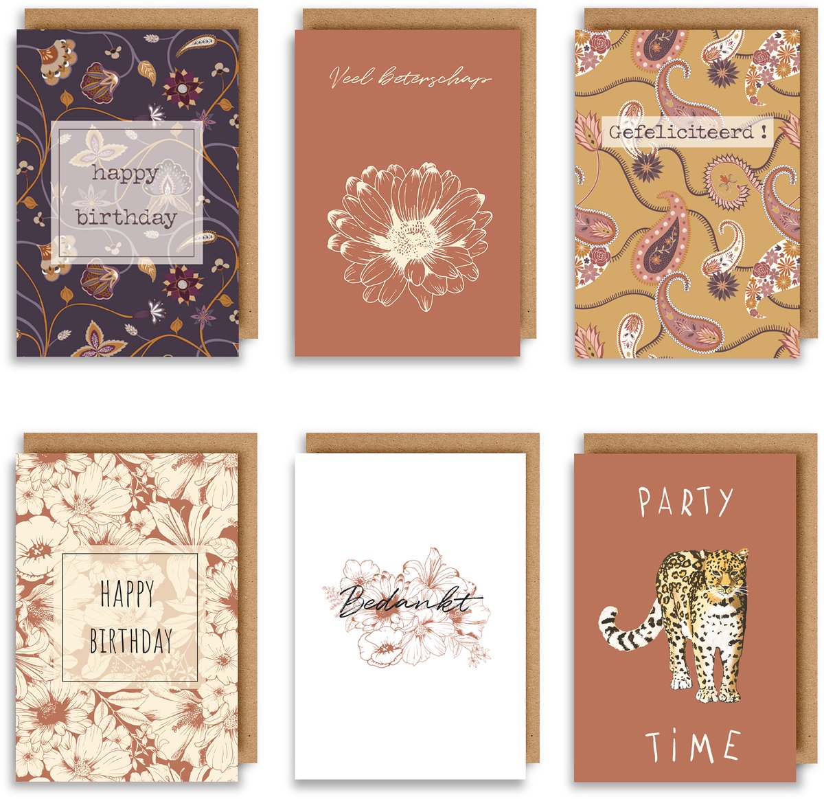 6 Luxe wenskaarten incl. gerecycleerde kraft envelop - Set van 6 - dubbele wenskaarten - gerecycleerde envelop – originele verjaardagskaarten - 11.5x17 cm - unieke illustraties