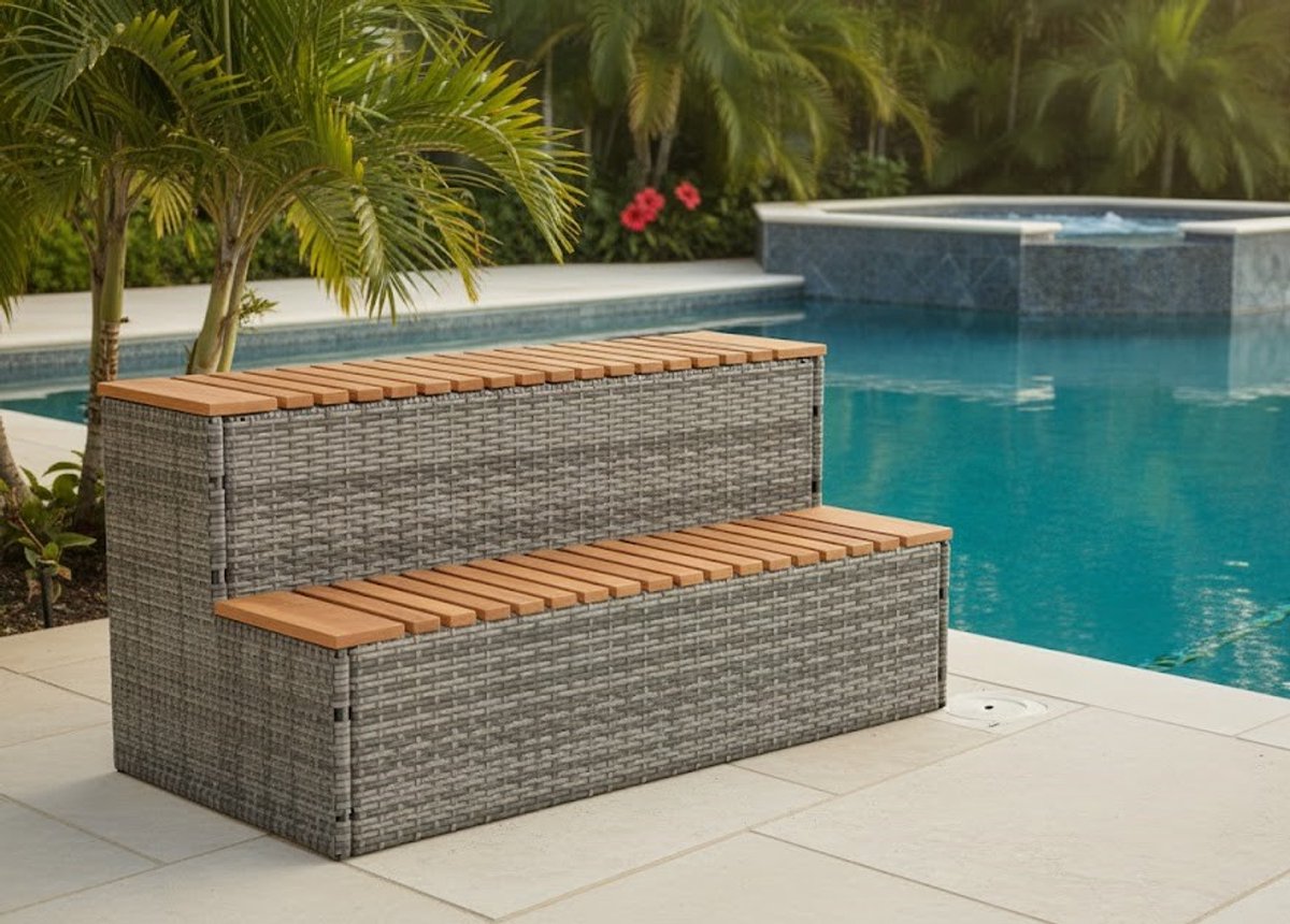 Whirlpool- und Spa-Stufe mit Polyrattan und Massivholz – Grau, 100 x 50 x 50,5 cm | Novihome Luxus Pool- und Spa-Zubehör