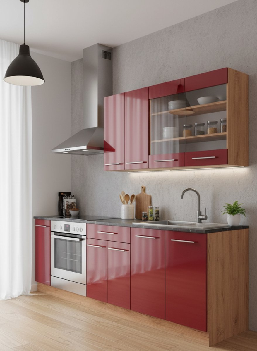 Keukenblok 140 cm met Werkblad – Moderne Singlekeuken in Bordeaux Hoogglans & Goldkraft Eiken – Compacte Complete Keuken met Soft-Close Deuren, Metalen Handgrepen en Verstelbare Planken – 60D x 140B x 81,6H cm – Novihome