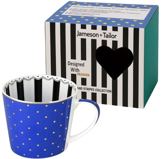 Mug en porcelaine de Luxe – Blauw à pois dorés – 400 ml – Mug élégant pour Café, Thee et Cappuccino – Cadeau Perfect pour toutes les occasions