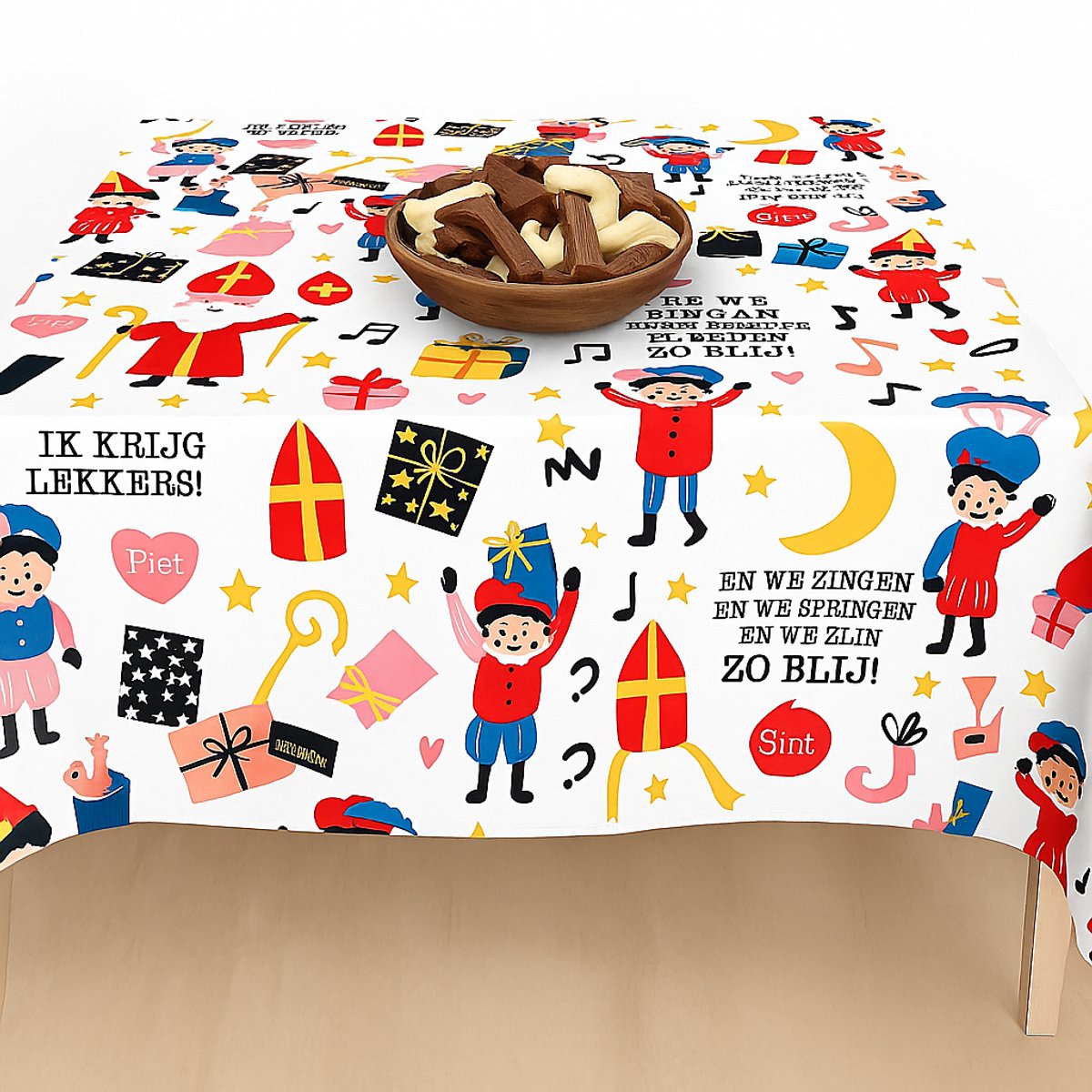 Afwasbaar tafelkleed - ecologisch - tafelzeil - Sinterklaas print/ Pietenprint - 5 december - VOLLE ROL 18 meter x 140cm - OP ROL GELEVERD