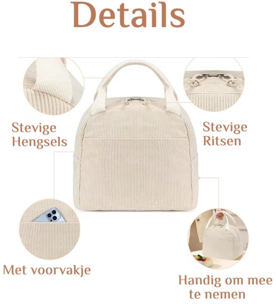 Zwarte Corduroy Geïsoleerde Lunchtas 25×20×15 cm - Warmhoudtas met Voorvak - Koeltas - Thermotas - Waterafstotend & Aluminium Binnenkant - Voor Baby, Kind & Volwassenen van Merkloos — afbeelding 4