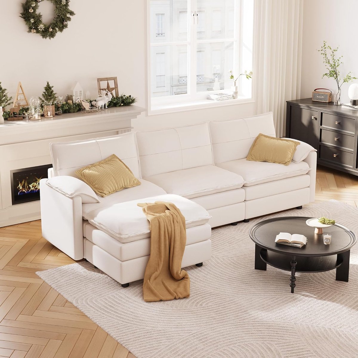 Modulaire L-Vormige Hoekbank met Opbergruimte & Kruk – Luxe 4-Zits Slaapbank met Comfortabele Rugleuning, Moderne Ruimtebesparende Designbank voor de Woonkamer – Wit (255×116 cm) –