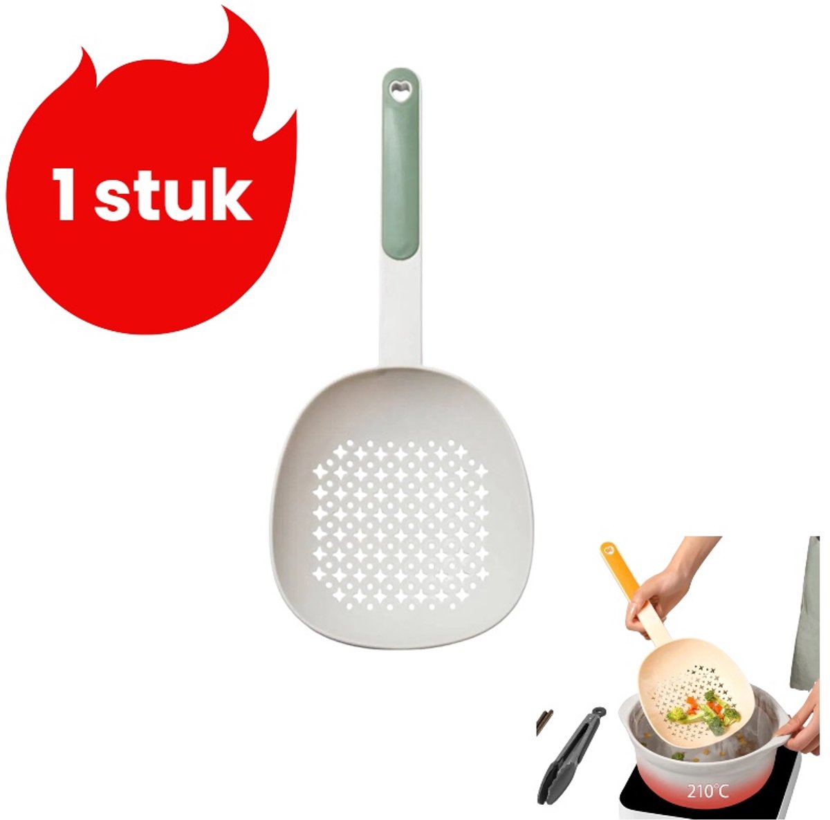1 stuk - Grote vergiet - Keukenlepel met hoge afdruipruimte - Pastalepel - Zeef - Groen