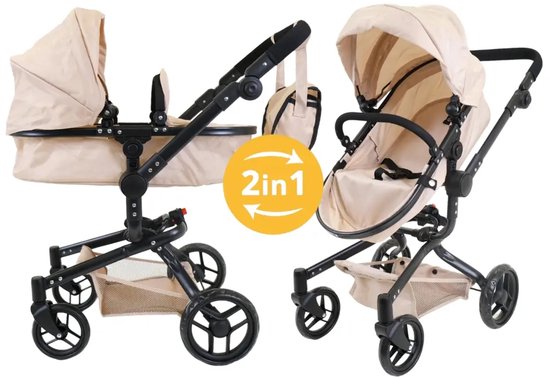 Bandits & Angels Poppenwagen Beige Modern Angel 2in1 Sand vanaf 3 jaar - Poppenbuggy - Voor Meisjes - Verstelbare Duwstang 48-81 cm - Volledig Inklapbaar - Met Boodschappenmand