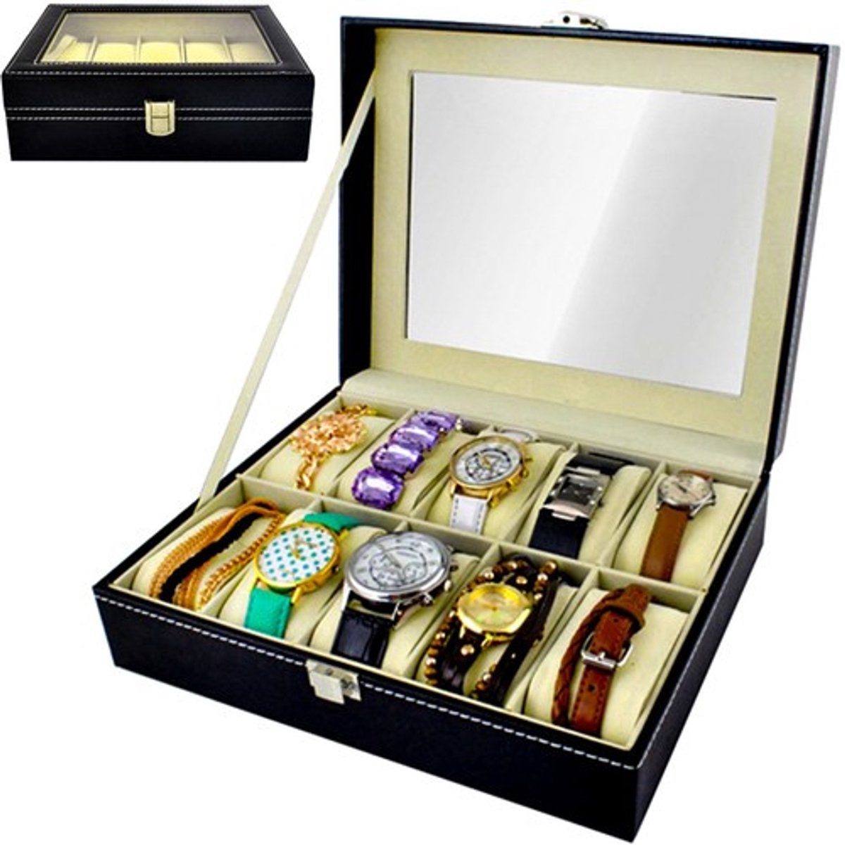 Horloge organizer - Horlogebox 10 horloges - Sieradendoos zwart - Luxe horloge opbergdoos - Horlogekist - Horloge display box - Horloge bewaardoos met glas - Sieraden opbergbox - Zwart