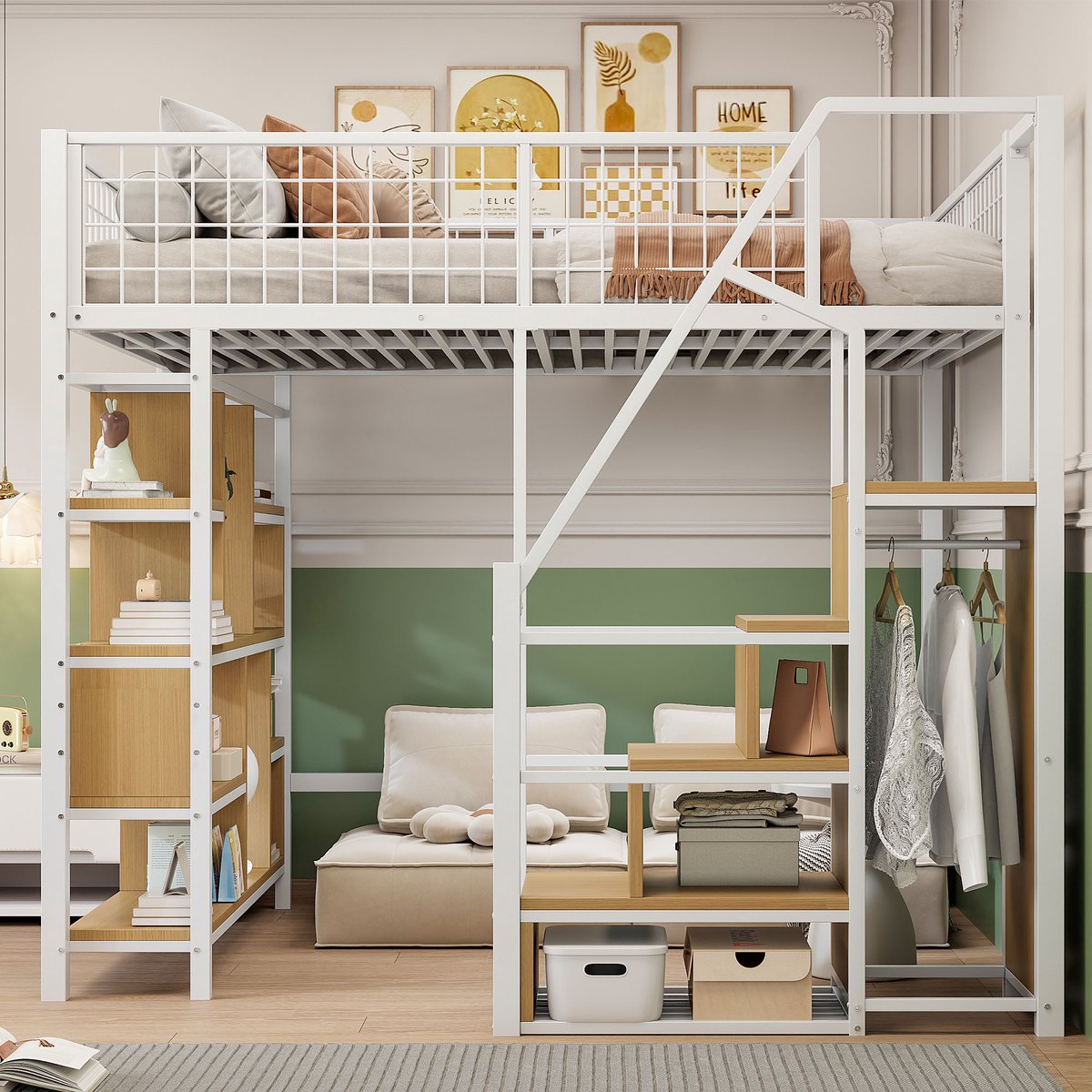 Merax Hoogslaper 140 x 200 cm - tweepersoonsbed met opbergruimte - planken en trap - wit - zonder matras